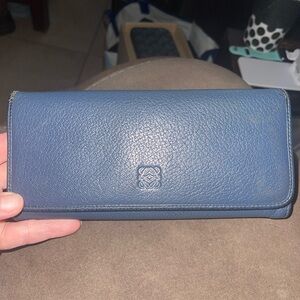 Loewe Anagram Bifold Cornflower Blue Leather Long Wallet with grey interior